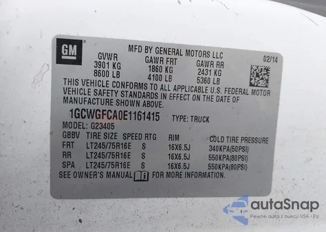 2014 Chevrolet Express 2500 Work Van z USA, uszkodzony, nr VIN 1GCWGFCA0E1161415